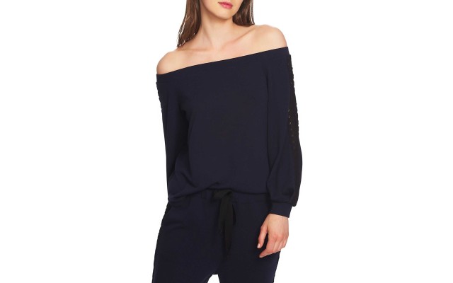  Lace-Trim Off-The-Shoulder Top (Blue, M)