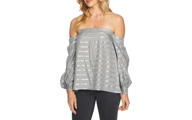  Metallic-Stripe Blouson-Sleeve (Metalic, L)