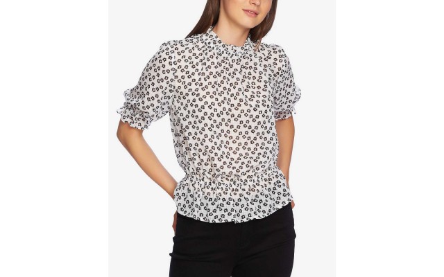  Printed Mock-Neck Blouse (Natural, XS)