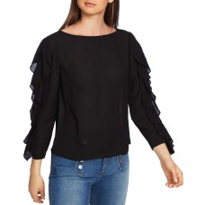 1.State Ruffle Slit Sleeve Top (Black, S)