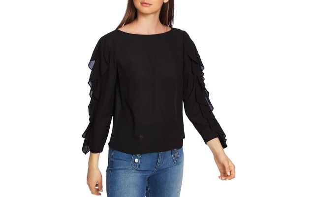  Ruffle Slit Sleeve Top (Black, S)