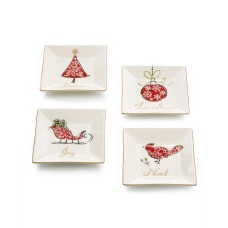 222 Fifth Natala Collection Set of 4 Square Appetizer Plates (White/Red)