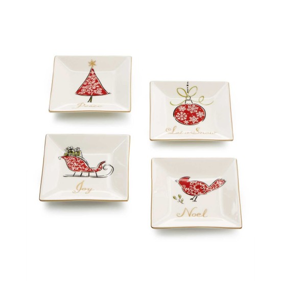  Natala Collection Set of 4 Square Appetizer Plates (White/Red)