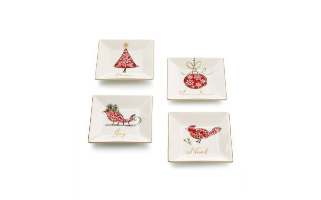  Natala Collection Set of 4 Square Appetizer Plates (White/Red)