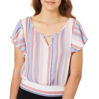 A. Byer Flutter Sleeve Tie Back Cropped Junior’s Top (Multi Distressed Stripe, L)