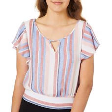 A. Byer Flutter Sleeve Tie Back Cropped Junior’s Top (Multi Distressed Stripe, L)