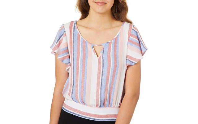  Flutter Sleeve Tie Back Cropped Junior’s Top (Multi Distressed Stripe, L)