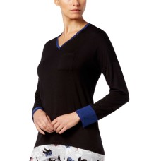 Alfani Colorblock Contrast-Cuff Pajama Top (Black, XS)