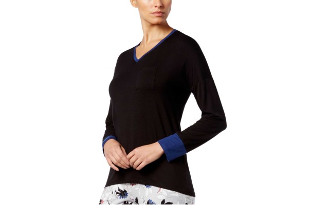  Colorblock Contrast-Cuff Pajama Top (Black, XS)