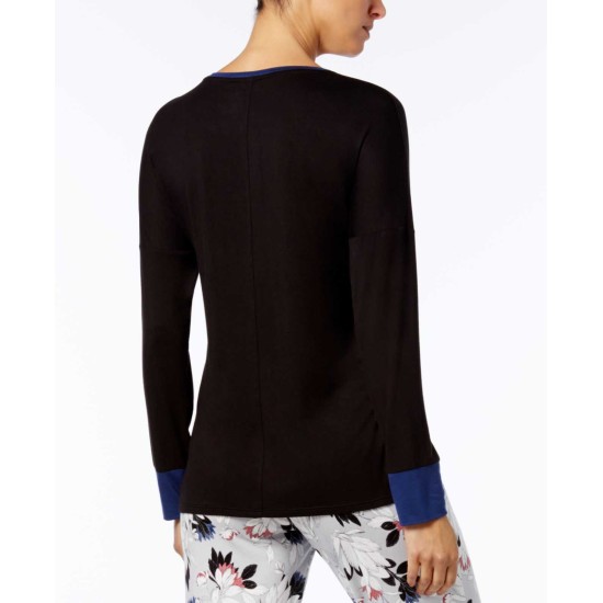  Colorblock Contrast-Cuff Pajama Top (Black, XS)