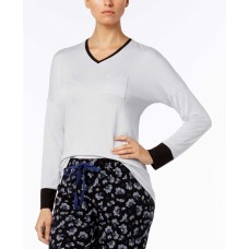 Alfani Colorblock Contrast-cuff Pajama Top Women (White, XS)