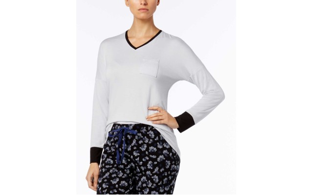  Colorblock Contrast-cuff Pajama Top Women (White, XS)