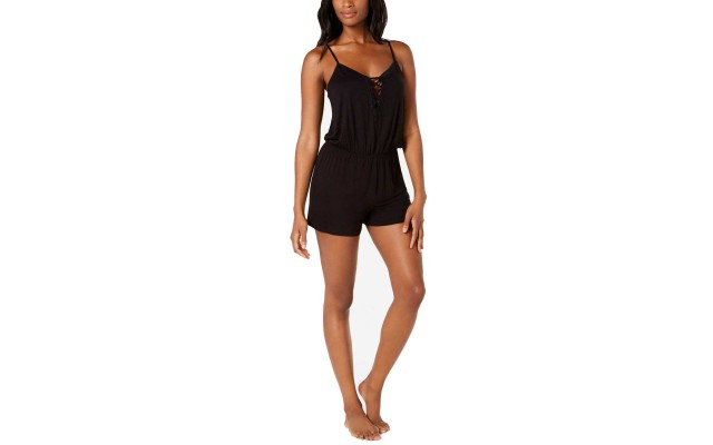  Lace-Up Print Knit Pajama Romper
