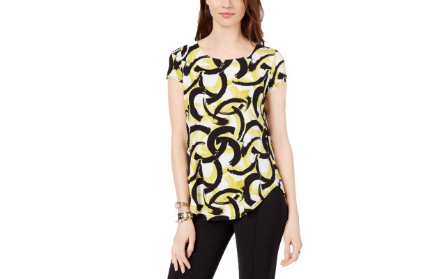  Petite Printed Round-Hem T-Shirt (Green Interlocking Swirl, PS)