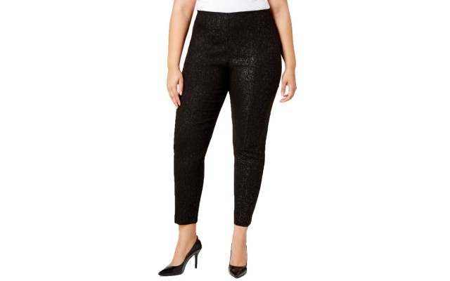  Plus Metallic-Knit Pull-On Pants (Black, 22W)
