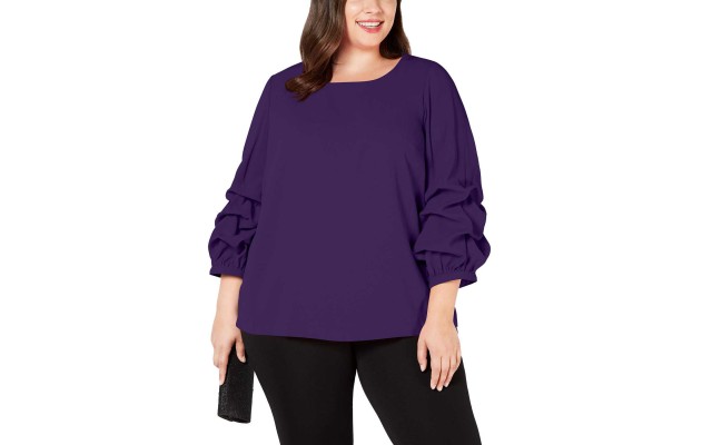  Plus Size Billow-Sleeve Blouse (Purple, 0X)