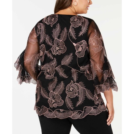 Plus Size Embroidered Statement-Sleeve Top (Pink, 1X)