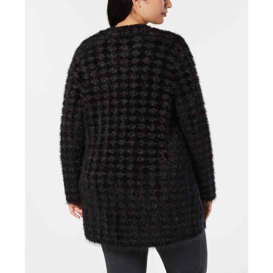 Plus Size Eyelash-Yarn Printed Cardigan Cardigan Sweaters