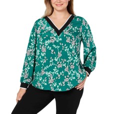 Alfani Plus Size Floral-Print V-Neck Top (Green, 1X)