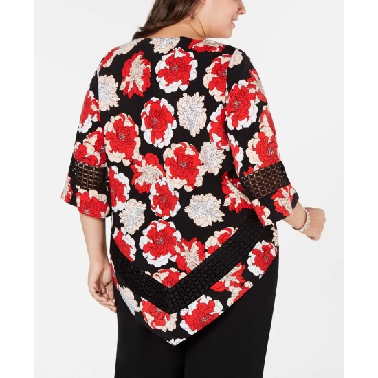  Plus Size Printed Crochet-Trim V-Bottom Blouse (Red, 3X)
