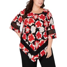 Alfani Plus Size Printed Crochet-Trim V-Bottom Blouse (Red, 3X)