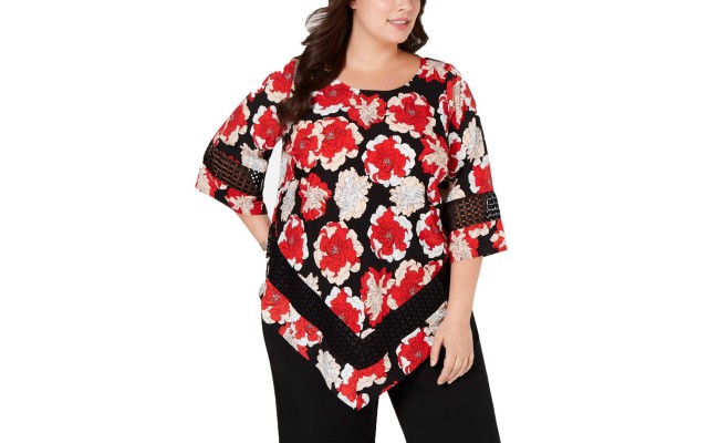  Plus Size Printed Crochet-Trim V-Bottom Blouse (Red, 3X)