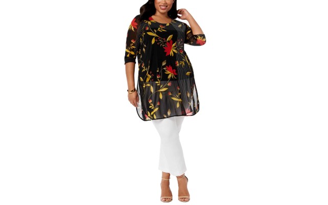  Plus Size Printed Mesh Tunic (Black, 1X)