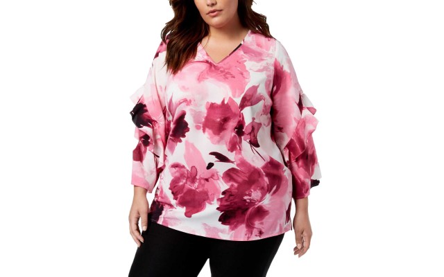  Plus Size Printed Ruffled-Sleeve Zip-Back Top (Pink, 2X)