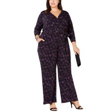 Alfani Plus Size Women’s Belted Printed Jumpsuit (Black/Purple, 0X)