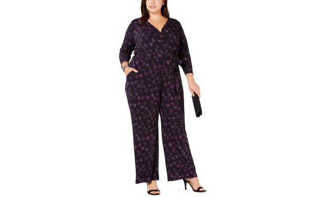  Plus Size Women’s Belted Printed Jumpsuit (Black/Purple, 0X)
