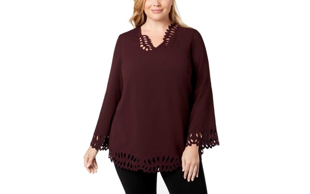 Plus Size Women’s Cutout Poet-Sleeve Blouse (Wine, 3X)