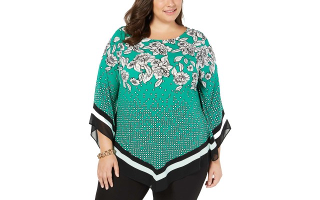  Plus Size Women’s Printed Pointed-Hem Top (Dark Green, 1X)