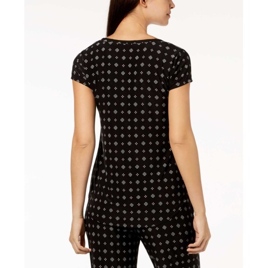  Printed Chiffon-Trim Pajama Top (Black, S)