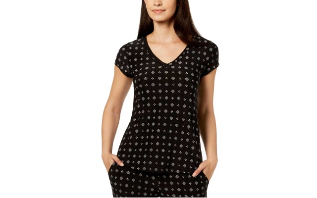  Printed Chiffon-Trim Pajama Top (Black, S)