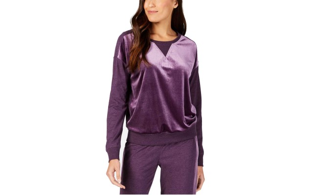  Velvet-Panel Pajama Top (Purple, S)