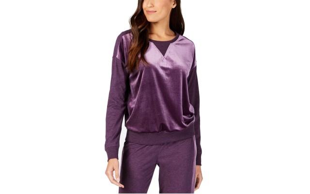  Velvet-Panel Pajama Top (Purple, XL)