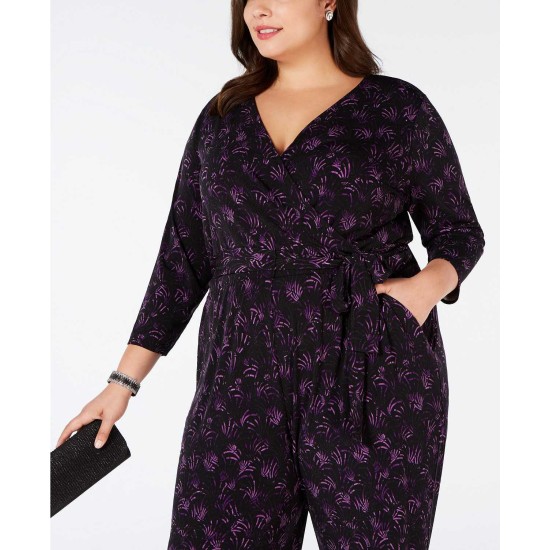  Woman’s Belted Printed Jumpsuit (Black/Purple, 3X)