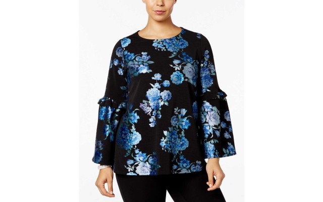  Women's Plus Metallic Floral-Print Tops, Navy, 1X