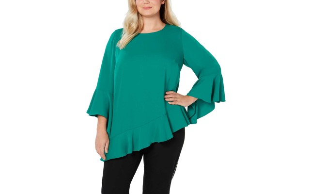  Women's Plus Size Asymmetrical Bell-Sleeve Pullover Blouse Shirt Tops, Green, 2X Plus