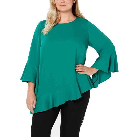  Women's Plus Size Asymmetrical Bell-Sleeve Pullover Blouse Shirt Tops, Green, 2X Plus