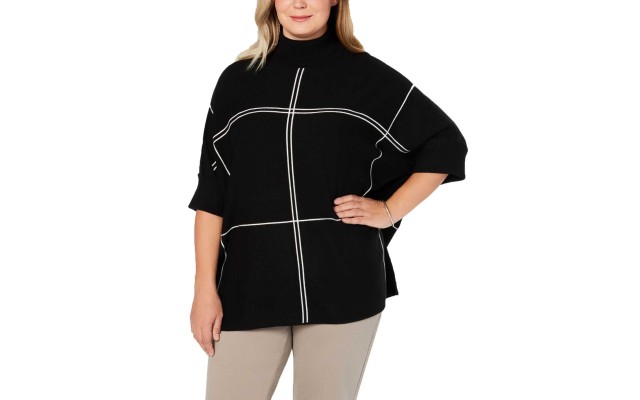  Women’s Plus Size Grid Pattern Turtleneck Poncho Sweaters
