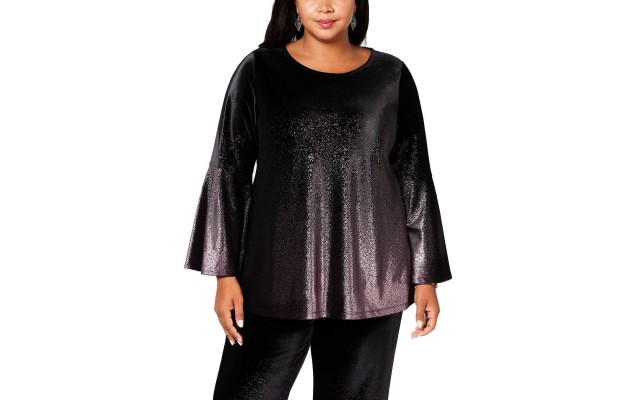  Women's Plus Size Metallic Velvet Blouse Shirt Tops, Deep Black, 0X Plus