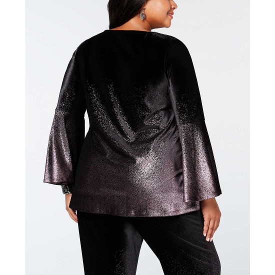  Women's Plus Size Metallic Velvet Blouse Shirt Tops, Deep Black, 3X Plus