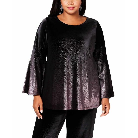  Women's Plus Size Metallic Velvet Blouse Shirt Tops, Deep Black, 0X Plus