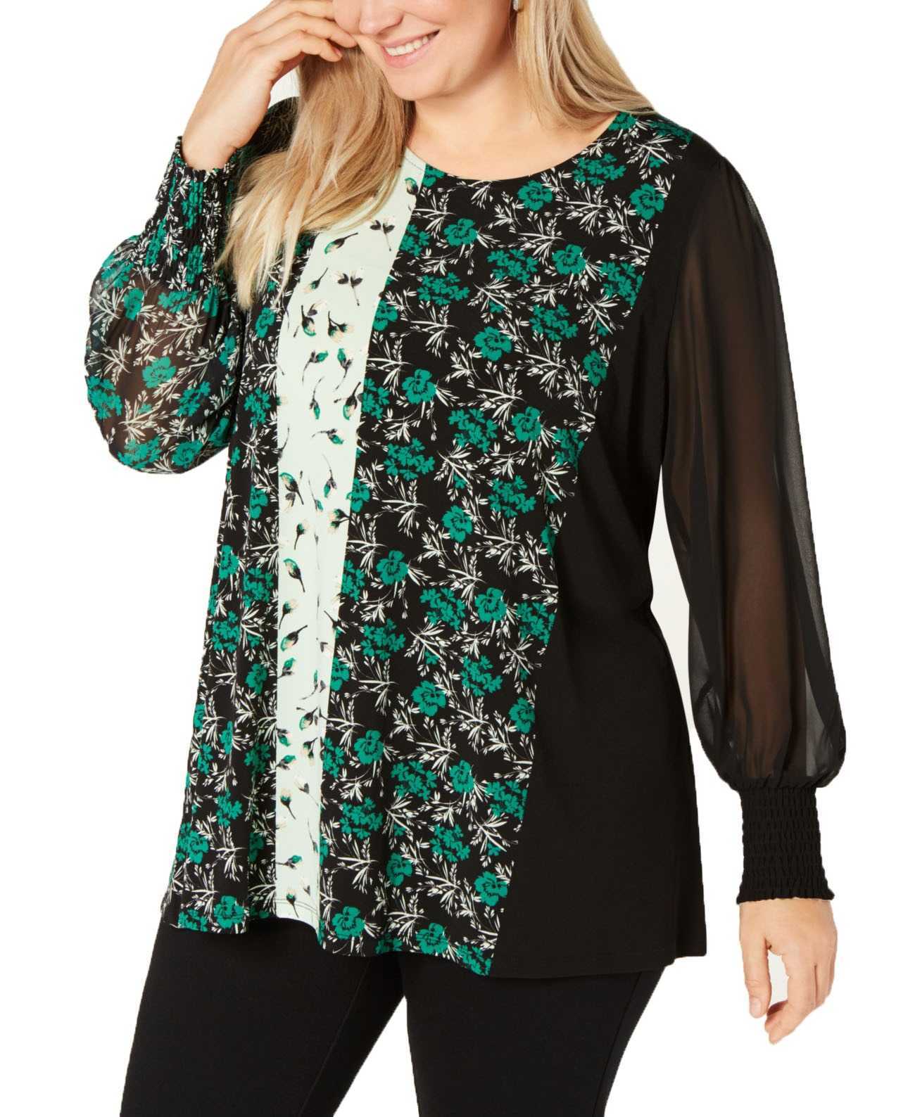 Alfani Women's Plus Size Mixed-Print Tunic, Green, 0X