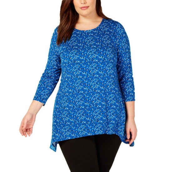 Women's Plus Size Printed Woven-Back Tops, Navy, 2X