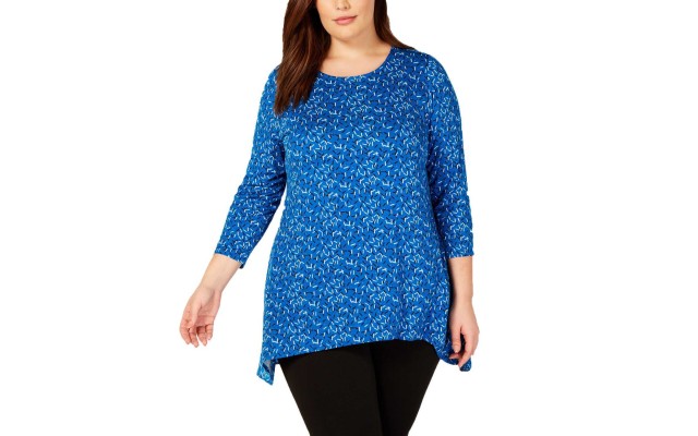  Women's Plus Size Printed Woven-Back Tops, Navy, 1X