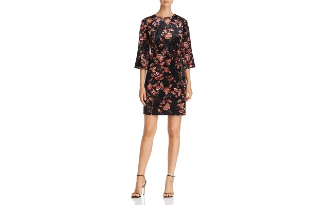  Floral Crushed-Velvet Dress (Black, S)