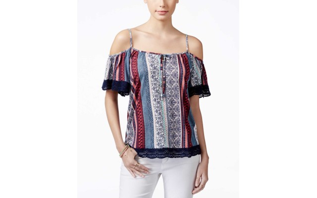  Juniors Printed Cold-Shoulder Peasant Blouses