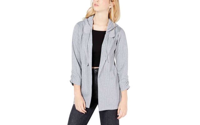  Juniors’ Ruched-Sleeve Hoodie Blazer Jacket (Gray, XS)